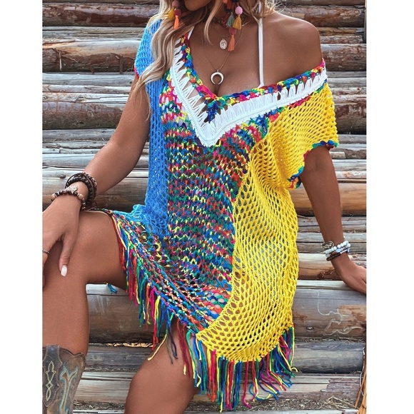 Boho Colorful V neck Crochet Tassel Hem Beach Cover up - Picture 2 of 6